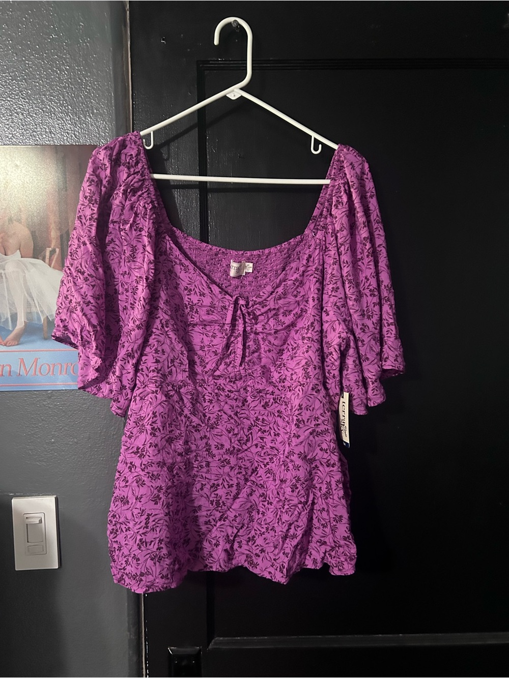 NWT Terra & Sky Purple Floral Tie-Front Flutter Sleeve Top